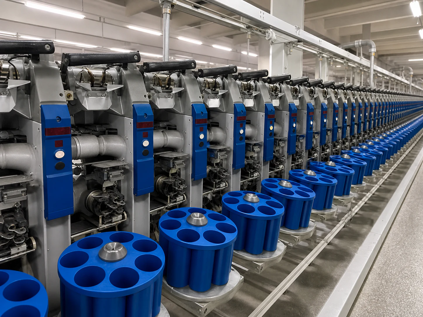 Orion automatic winding-unit line with blue bobbin magazines